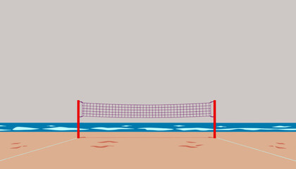 Beach volleyball net on the sandy shore with a serene ocean view in a minimalist illustration