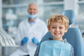 Obraz premium A cheerful young boy smiles brightly at the dentist's office. His healthy teeth shine in the camera