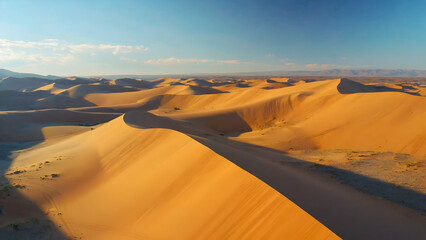 Golden dunes stretch across the horizon under a bright blue sky, capturing the serene beauty of an untouched desert landscape at sunset