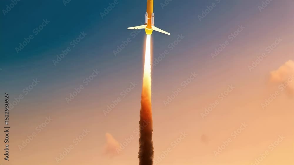 Poster dynamic rocket launch with stylized flames and abstract motion trails
