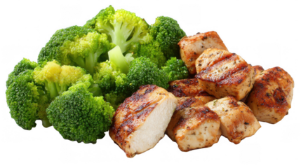 Grilled chicken breast pieces are served next to steamed broccoli florets, creating a healthy and balanced meal option, presented on a transparent background