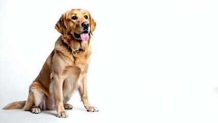Golden retriever sitting on a white background with a friendly expression and a wagging tail displaying joy