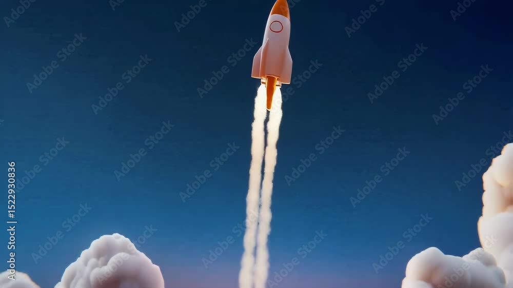 Poster dynamic rocket launch sequence with stylized flames and glowing trails