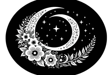 Fototapeta premium Floral Crescent Moon and Stars Illustration - Black and White Celestial Design - Moon Phase with Flower Accents - Dreamy Night Sky Art