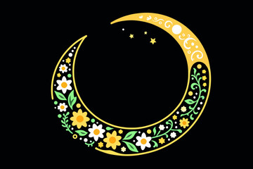 Floral Crescent Moon Illustration on Black Background - Decorative Moon Art with Flowers and Stars - Celestial Floral Design for Prints and Digital Projects