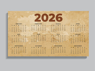 One Page Retro Calendar 2026 for Planner and Interior.Vintage Vector Calendar 2026