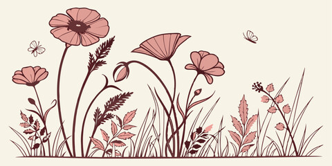 Elegant pink poppy and wildflower meadow