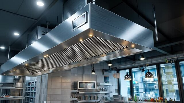 Modern stainless steel kitchen hood with LED lights, installed in a commercial kitchen.