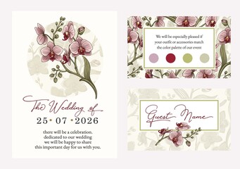 Botanical wedding invitation template, white orchid flowers and leaves. Template with highly detailed, vector, realistic spring flowers. Save the Date and RSVP collection.