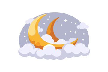 Fototapeta premium Golden Crescent Moons in Dreamy Clouds - Night Sky with Stars - Celestial Illustration for Bedtime Stories and Children's Decor - Whimsical and Peaceful Design Concept