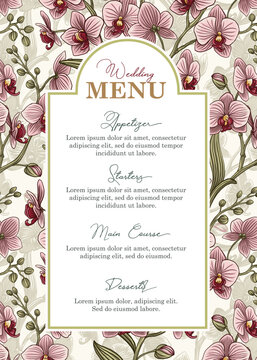 Design of a botanical wedding menu, vintage Save the Date invitation, elegant orchid, vector style, fashion cover, graphic poster, brochure.