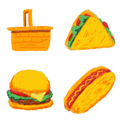 Hand-drawn picnic food icons with burger, taco, hotdog, and basket