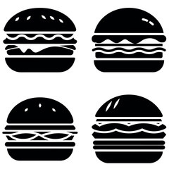 Fototapeta premium Four Black and White Burger Icons Featuring Different Fillings and Seeded Buns