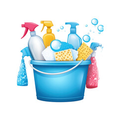 Household cleaning kit in a blue bucket with gloves, bottles, and scrub tools

