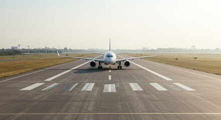 Airplane Taxiing on Runway at Dawn - Passenger jet taxiing on runway, clear sky, travel, journey, transportation. Symbolizes freedom, adventure, exploration, global connectivity, and progress