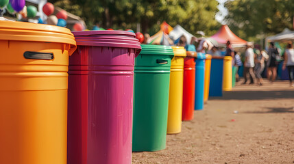 A row of colorful trash bins at an outdoor event, with people and tents visible in the background.