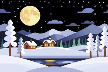 Winter Landscape with Snow Covered Houses Under a Full Moon - Nighttime Scene of Cozy Cabins and Snowy Trees - Serene Winter Illustration for Seasonal Designs