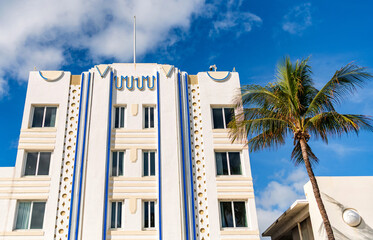 Art deco architectural district. Art Deco. Modern building of Miami beach. Ocean drive. Miami South Beach in Ocean Drive. Art Deco building architecture. Architectural building residential apartment