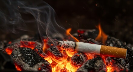 Burning Cigarette in Embers - Close-up of a burning cigarette resting on glowing embers, smoke rising. A powerful representing the dangers of smoking