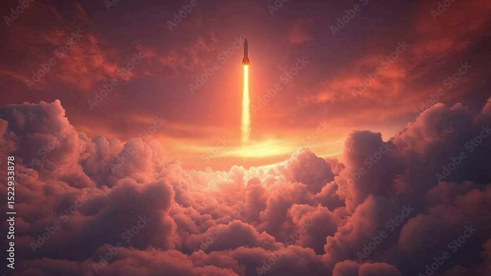 Poster dynamic rocket launch and glowing trail through mystical clouds