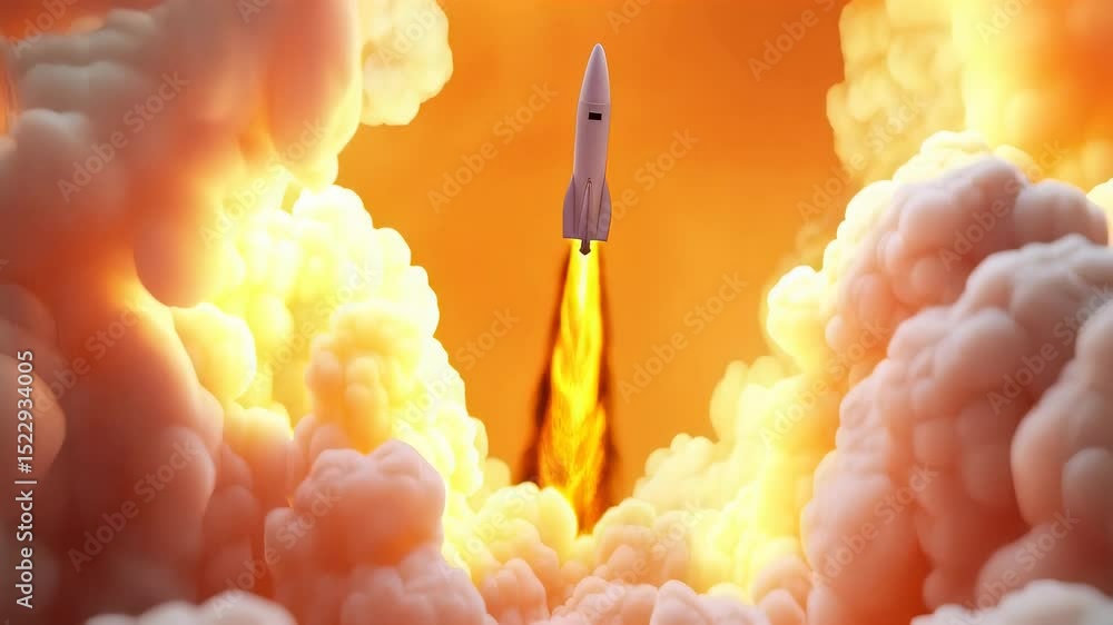 Poster dynamic rocket launches with stylized flames and energetic propulsion in animated sequence