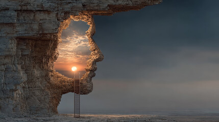 Concept of open mind as a a deep mountain cliff shaped as a human head with a ladder leading to the outside towards a glowing sun as a psychology and mental health metaphor for spiritual discovery.