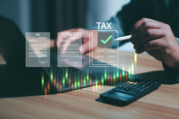 Financial research,government taxes and calculation tax return concept. Businessman using the...