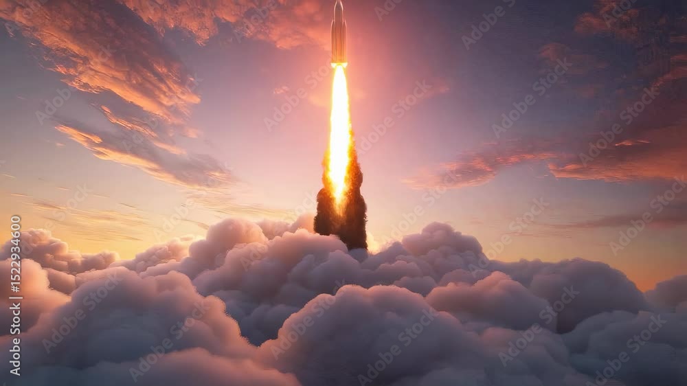 Poster rocket ascension through clouds with fiery trail in dynamic motion sequence
