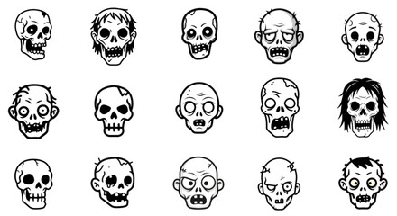  Zombie cartoon skull icons collection – hand drawn creepy undead faces set