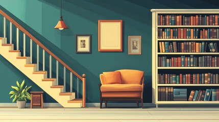Cozy home interior with stairs and bookshelves