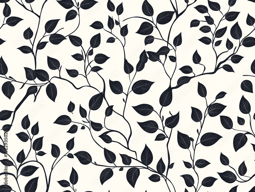 Poster a seamless pattern featuring elegant black leaves and intertwining vines on a clean white background