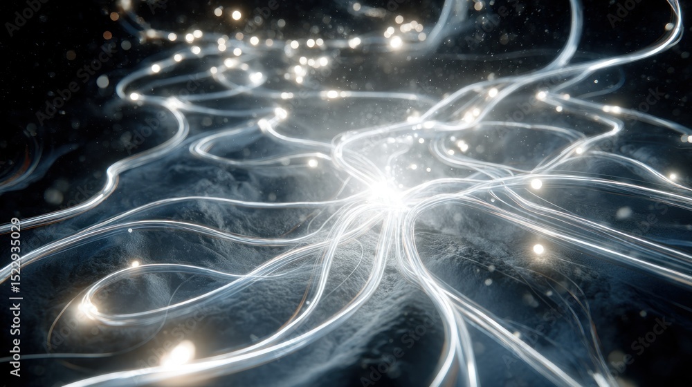 Poster glowing neural network with flowing lines & light orbs