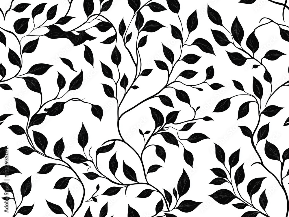 Poster a seamless pattern featuring elegant black leaves and intertwining vines on a clean white background