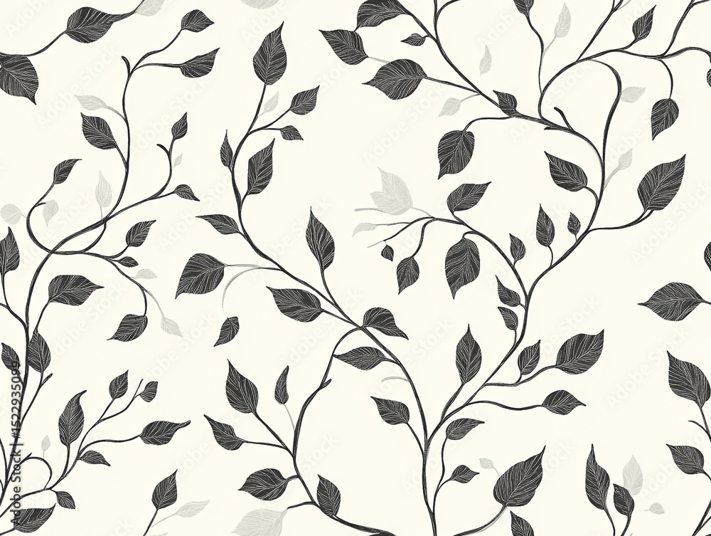 Poster a seamless pattern featuring elegant black leaves and intertwining vines on a clean white background
