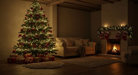 Cozy Christmas Eve Living Room - A beautifully decorated Christmas tree illuminates a warm living room with a crackling fireplace and cozy seating