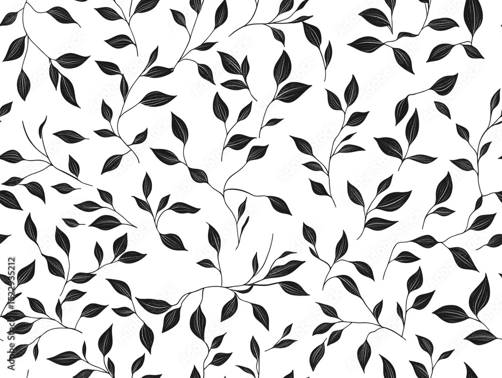 Poster a seamless pattern featuring elegant black leaves and intertwining vines on a clean white background