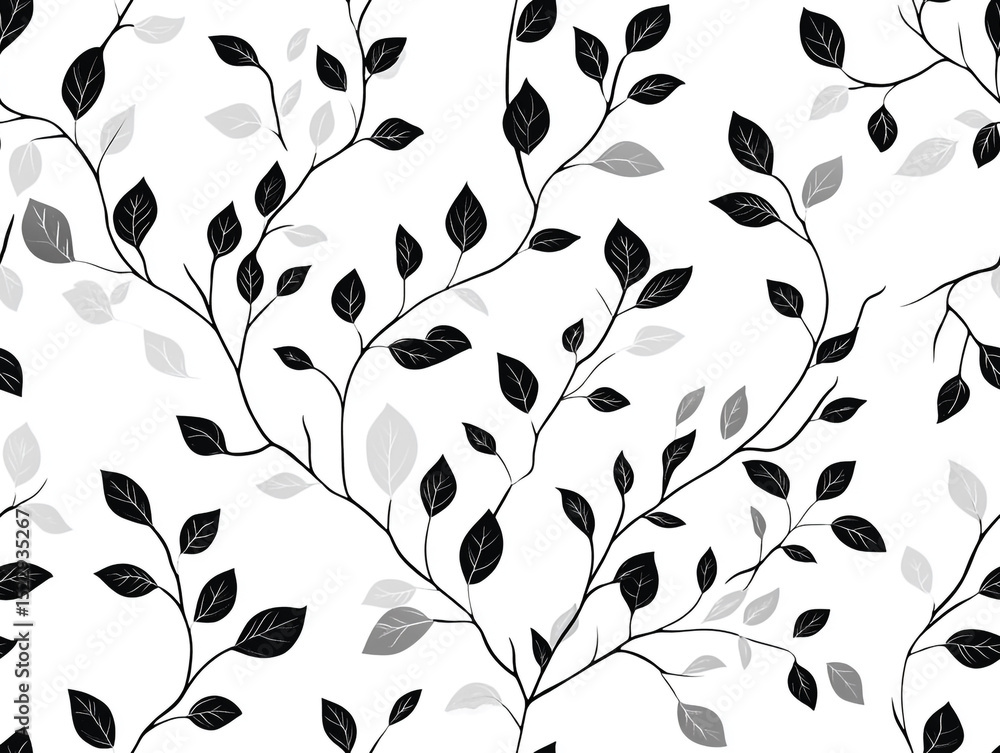 Poster a seamless pattern featuring elegant black leaves and intertwining vines on a clean white background