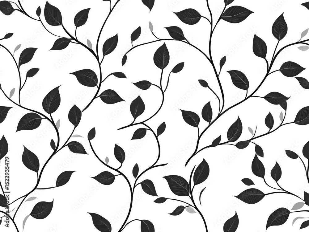 Poster a seamless pattern featuring elegant black leaves and intertwining vines on a clean white background