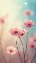 Soft-focus portrait of delicate pink flowers against a dreamy pastel background with bokeh