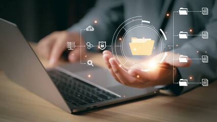 Document Management System (DMS), Businessman using digital documents to search, store, archive and manage and to reduce paper. Solution for paperless office. Digital business security process.