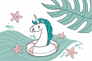 Cute vector illustration of a white unicorn pool float with starfish