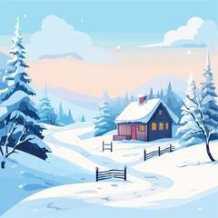 Fototapeta premium Scenic Winter Snowscape Scene with Cozy House Vector Illustration for Creative Designs