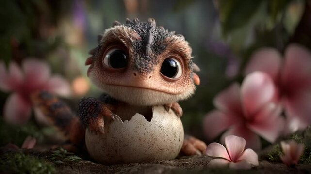 Adorable Baby Dragon Hatching from Egg in Enchanted Forest with Pink Flowers
