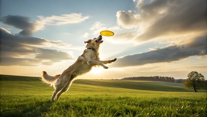 Golden retriever jumping to catch frisbee at sunset in open grassy field, playful dog outdoor activity
