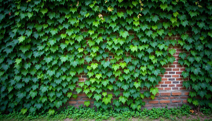 Vibrant green ivy covering a rustic brick wall, creating a natural and leafy facade