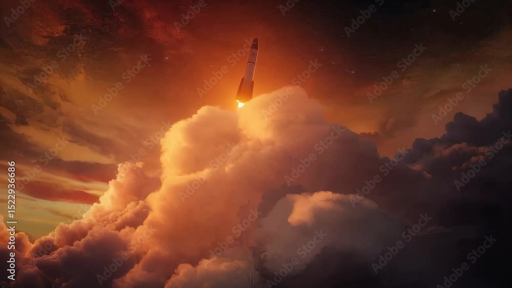 Poster dynamic rocket launch with fiery trail in cinematic style animation