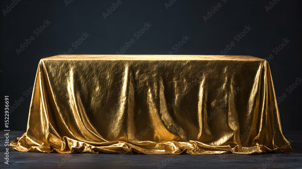 Poster gold sequined fabric drape on rectangular surface with dark background