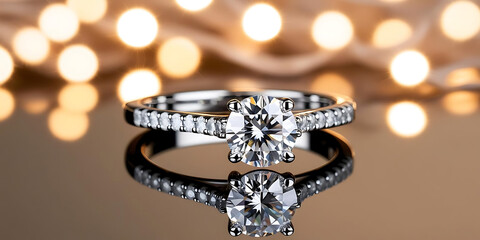 Elegant Diamond Rings Reflecting Light with Golden Bokeh Background


