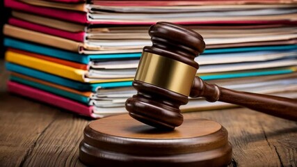 Gavel resting on sounding block with stack of colorful file folders in background on a wooden surface, law and justice concept - Powered by Adobe