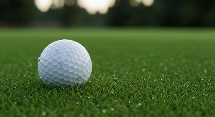 Obraz premium Emerald Green Golf Ball on Dewy Lawn - A pristine golf ball rests on a lush green lawn, glistening with morning dew. It symbolizes precision, nature, success, tranquility, and the sport of golf